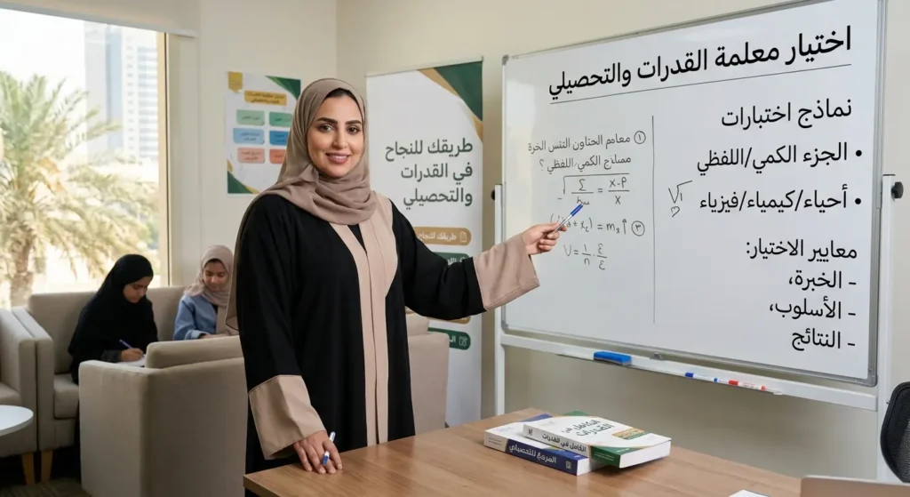معلمة قدرات تساعد طالبة على الاستعداد لاختبار القدرات والتحصيلي