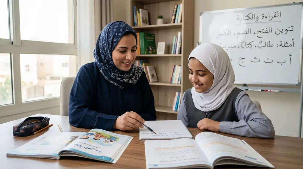 معلمة لغة عربية خصوصية تساعد طالبة على تعلم القراءة والكتابة