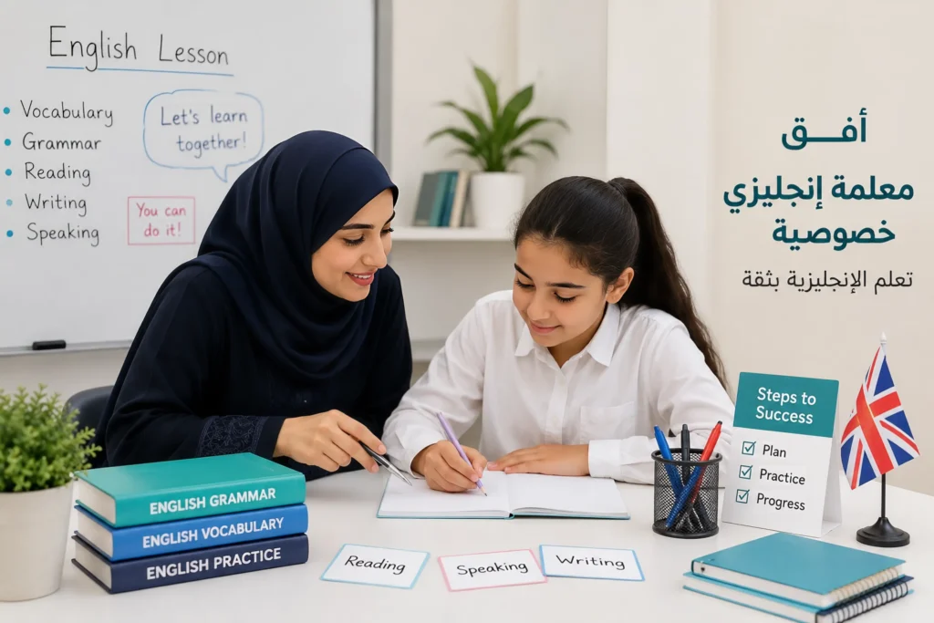 معلمة إنجليزي خصوصية تساعد الطالبة على تطوير مهارات اللغة الإنجليزية بطريقة مبسطة.