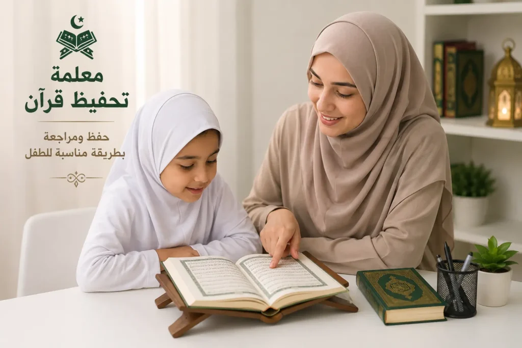 معلمة تحفيظ قرآن تساعد طفلة على حفظ ومراجعة القرآن