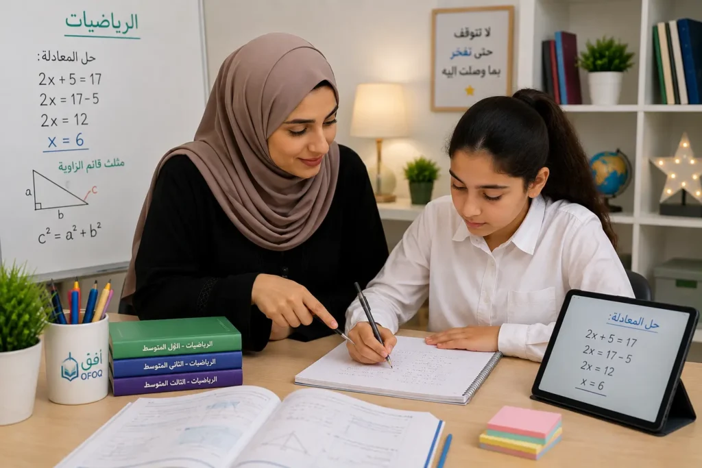 معلمة رياضيات خصوصية تساعد الطالبة على فهم المسائل الرياضية بطريقة مبسطة.