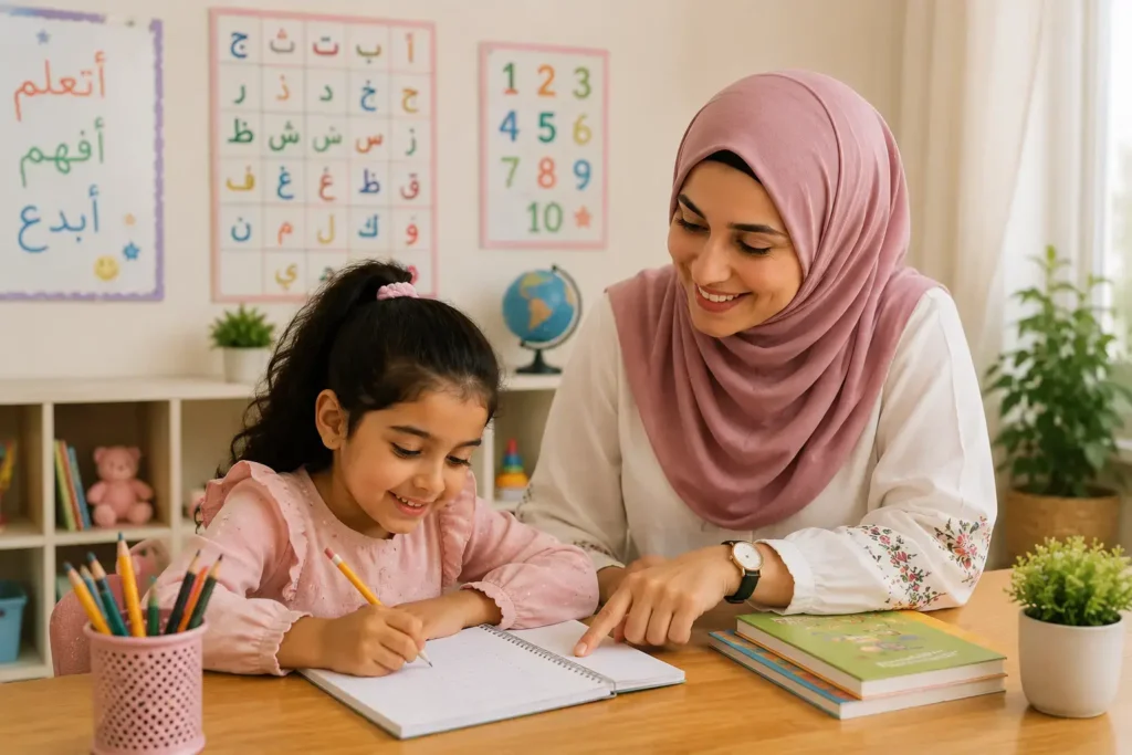 معلمة تأسيس تساعد طفلة على تعلم القراءة والكتابة