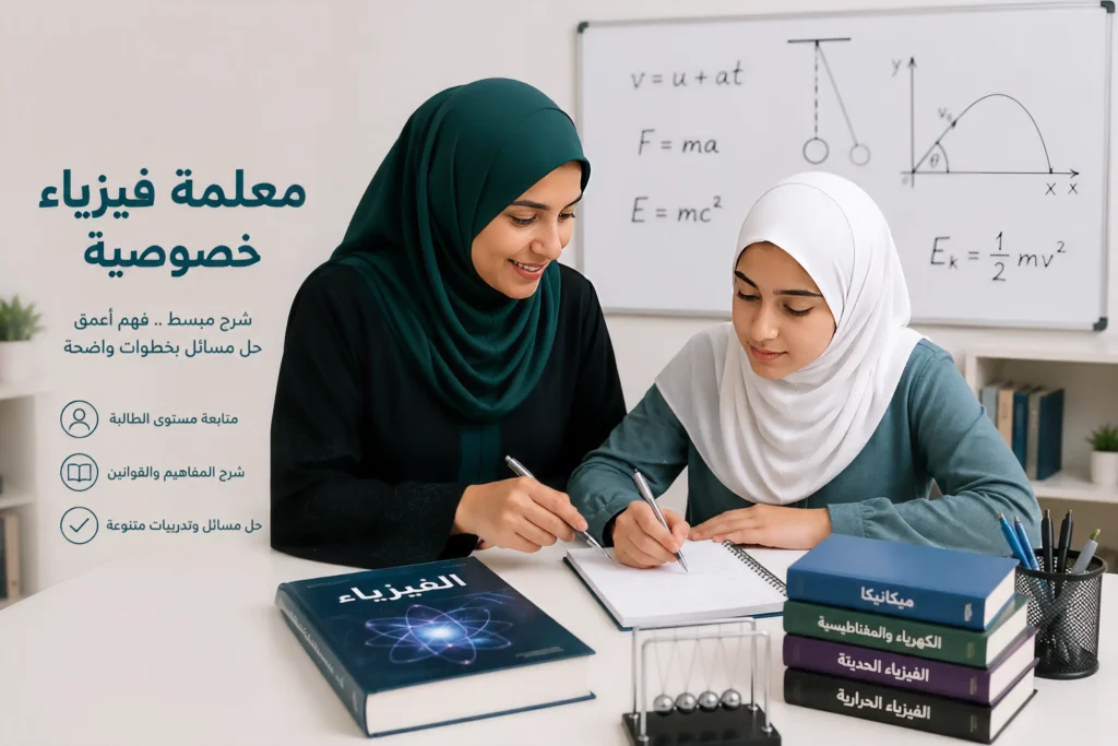 معلمة فيزياء خصوصية تشرح للطالبة مسائل الفيزياء