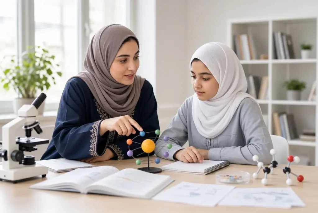معلمة علوم خصوصية تشرح لطالبة مفهومًا علميًا بطريقة مبسطة