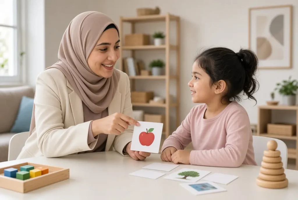 أخصائية تخاطب تساعد طفلًا على تطوير مهارات الكلام والتواصل