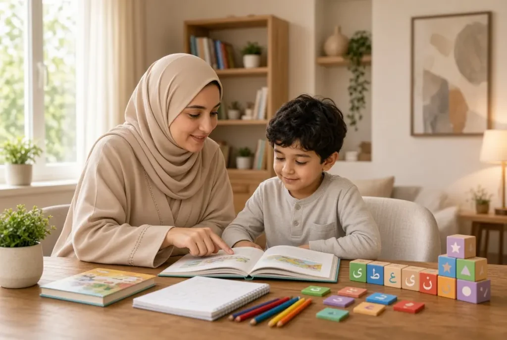 معلمة تأسيس تساعد طفلًا على تعلم القراءة والكتابة