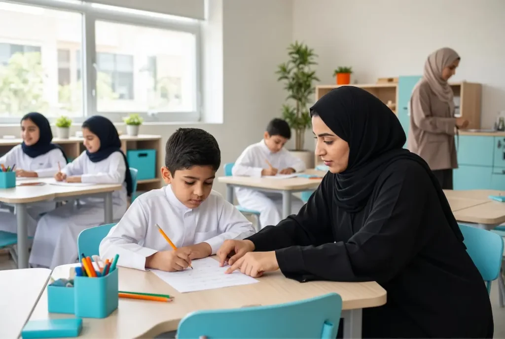 معلمة رياضيات خصوصية تشرح قوانين الجبر والهندسة لطالب