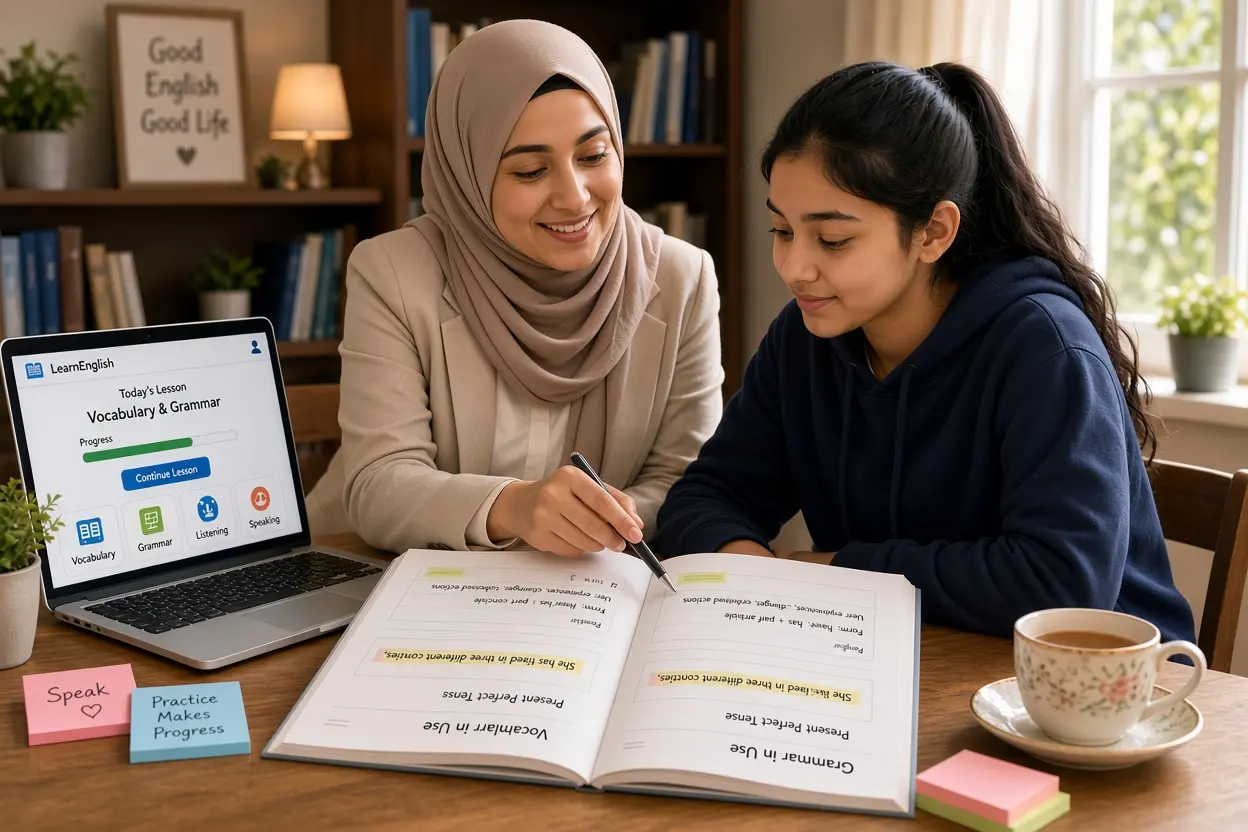المعلمة الخصوصية للغة الإنجليزية تدرب طالبة على قواعد النحو والمحادثة وتطوير مهارات القراءة والكتابة
