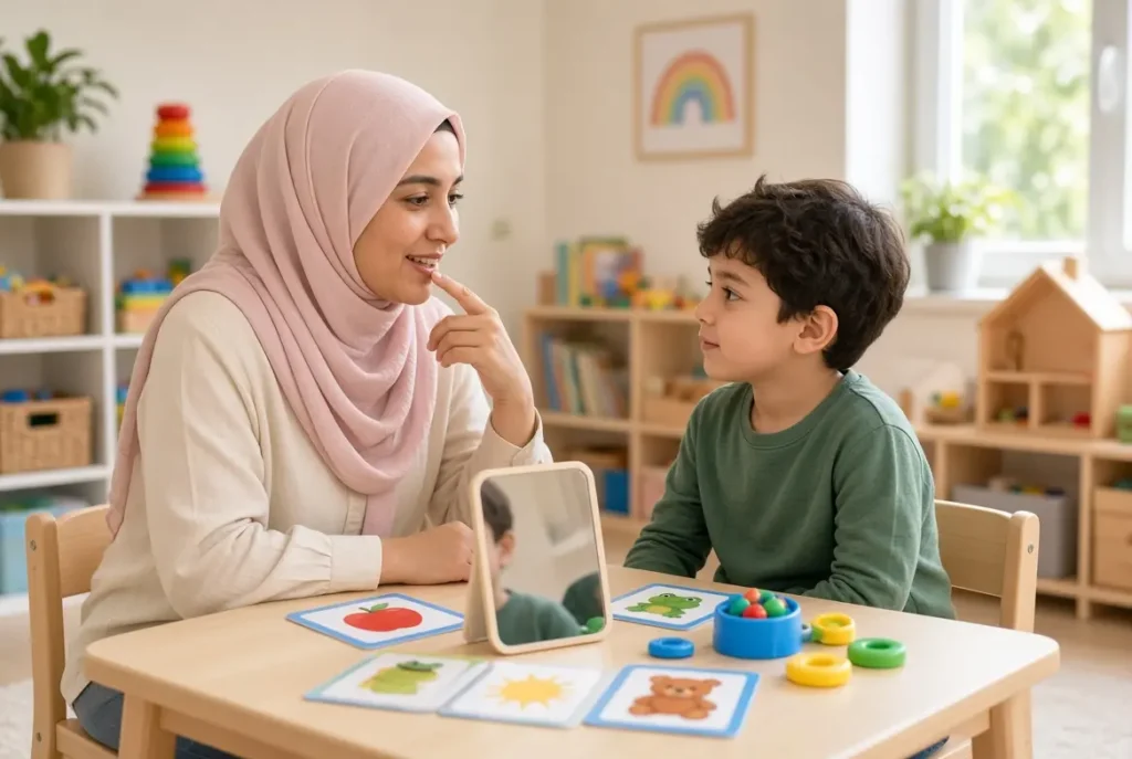 أخصائية التخاطب للأطفال تدرب طفلاً على مهارات النطق والتواصل