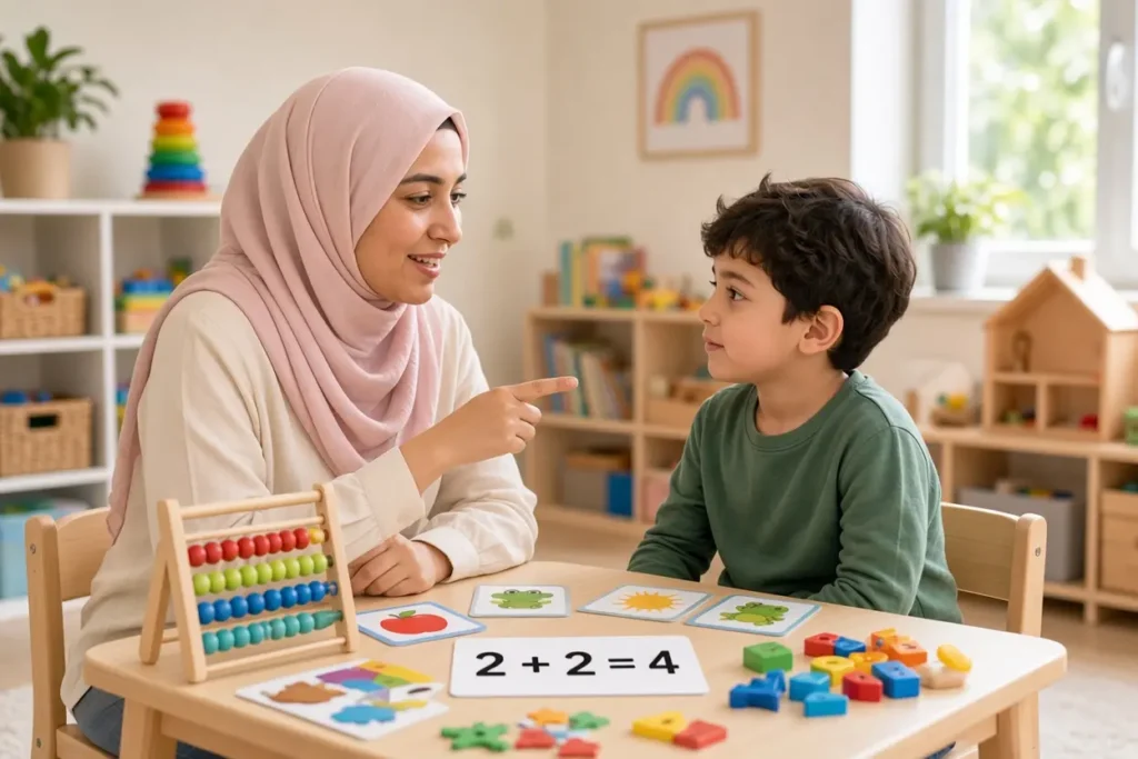 المعلمة الخصوصية للرياضيات تشرح مفاهيم الأرقام والعمليات الحسابية لطفل