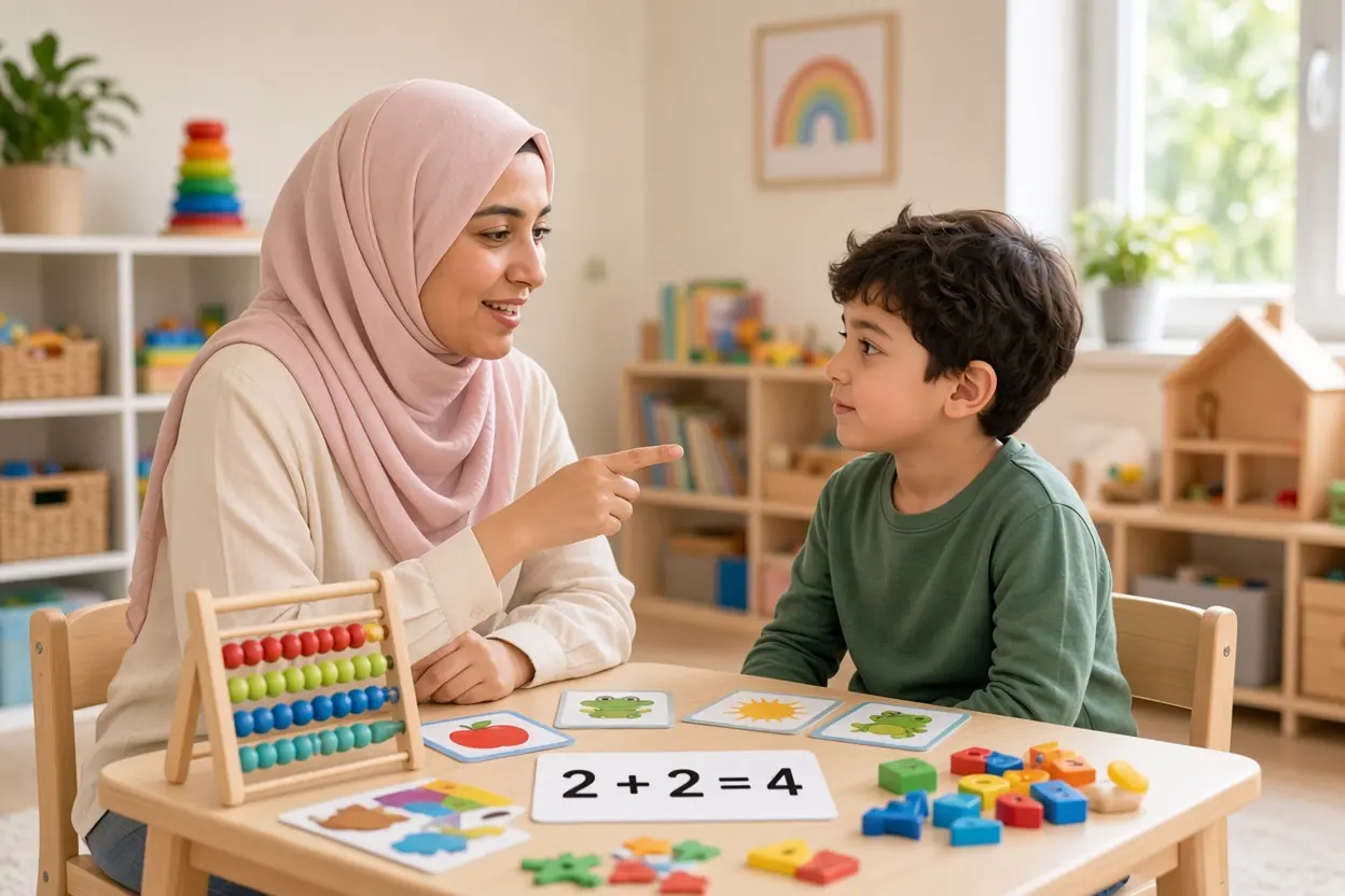 المعلمة الخصوصية للرياضيات تشرح مفاهيم الأرقام والعمليات الحسابية لطفل