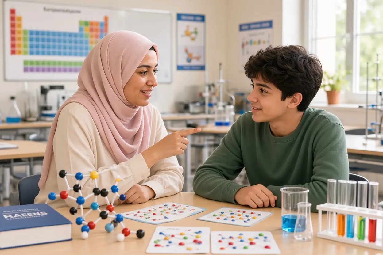 المعلمة الخصوصية للكيمياء تشرح التفاعلات الكيميائية والجدول الدوري لطالب